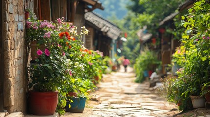 Authentic Village Life: Charming Rural Street in China with Traditional Homes, Colorful Flower Pots, and Playful Children