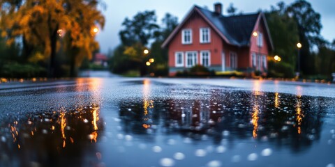 Obraz premium Serene Rainy Evening in a Charming House with Reflections on Wet Street Surrounded by Nature and Warm Street Lights Illuminating the Scene