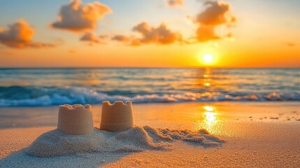 Serene Sunset Over Beach with Sandcastle on Shore Amid Gentle Waves and Colorful Skies in Tranquil Coastal Setting Evoking Summer Memories and Relaxation