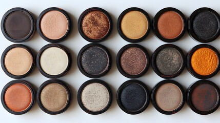 Close-Up of Assorted Eyeshadow Shades in Round Containers Displayed on a White Surface for Makeup and Beauty Themes
