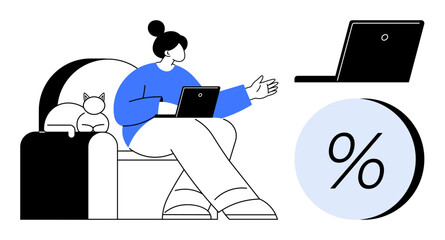 Woman sitting on a couch with a cat, using a laptop for a virtual meeting with another laptop. Percentage symbol displayed. Ideal for remote work, home office, virtual meetings, team collaboration