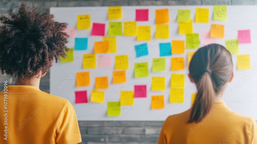 Poster creative team collaborating at a whiteboard with colorful sticky notes showcasing ideas and strategi