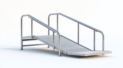 Isolated silver metal wheelchair ramp with handrail on a white background.