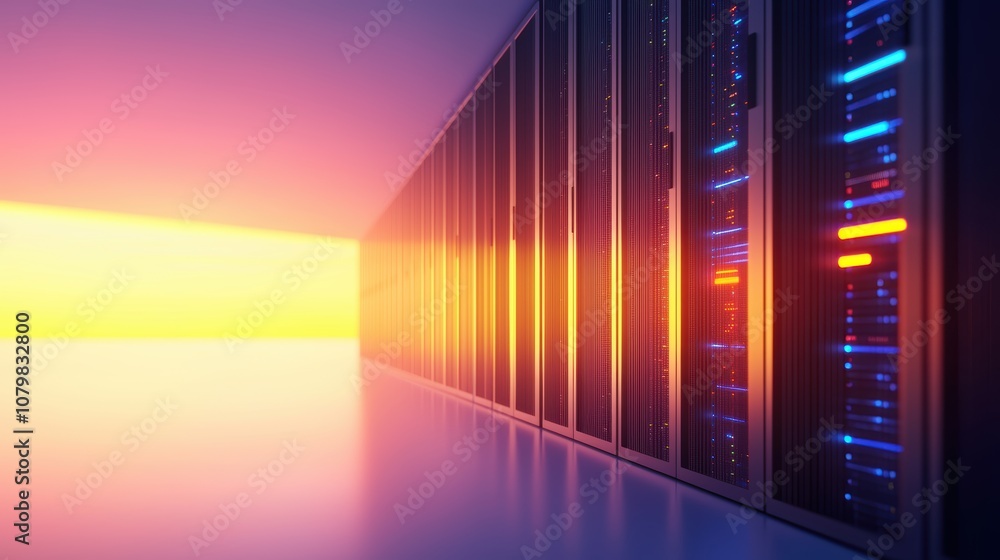 Poster administrator overseeing secure data management in a modern server room with advanced technology ill