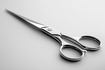 Fototapeta premium The scissors lie on a clean, light-colored surface, reflecting light off their polished stainless steel blades and elegant handles, emphasizing their design and functionality