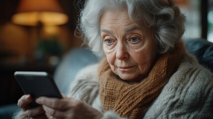 Elderly Woman Engaging with Digital Technology in Cozy Indoor Setting