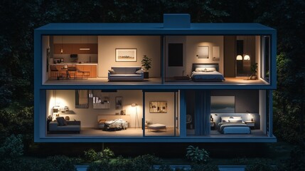 Modern house with a cutaway view showing the interior at night.