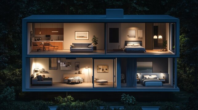 Modern house with a cutaway view showing the interior at night.