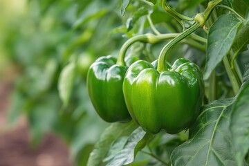 Green bell peppers growing on vine. This photo is perfect for illustrating articles about agriculture, healthy eating, or food production.