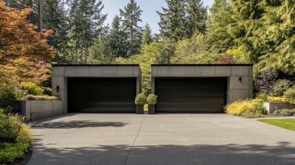 Fototapeta premium Modern two car garage with black steel doors.