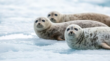 Naklejka premium Three seals resting on icy terrain, showcasing their unique patterns and textures, embodying the tranquility of arctic wildlife.