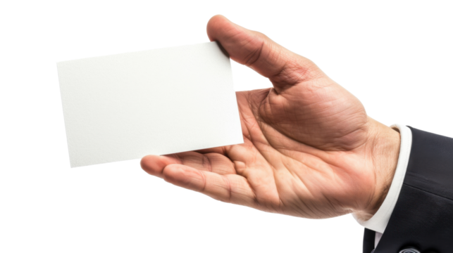Hand holding a blank card or a ticket on white transparent background