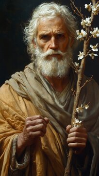 Aaron with a rod on which bloomed almond blossoms and buds. Bible story.