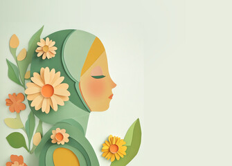 Design for muslim women holidays, World hijab day,  1 February, Emiriti woman day. Papercut style, girl with hijab