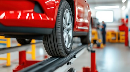 Fototapeta premium Close-up of a red car's tire on a maintenance track in a workshop, highlighting automotive care and precision engineering.