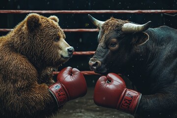 A symbolic depiction of a bear and bull facing off in a boxing ring, wearing gloves, representing market competition and financial struggle..