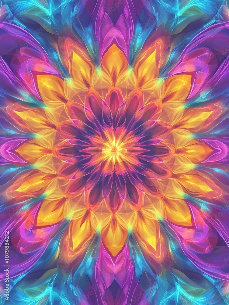 Poster vibrant psychedelic flower kaleidoscopic abstract art background with neon colors and dynamic swirli
