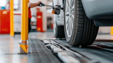 A mechanic using a power tool to service a car tire in a modern auto repair shop, emphasizing precision and efficiency.