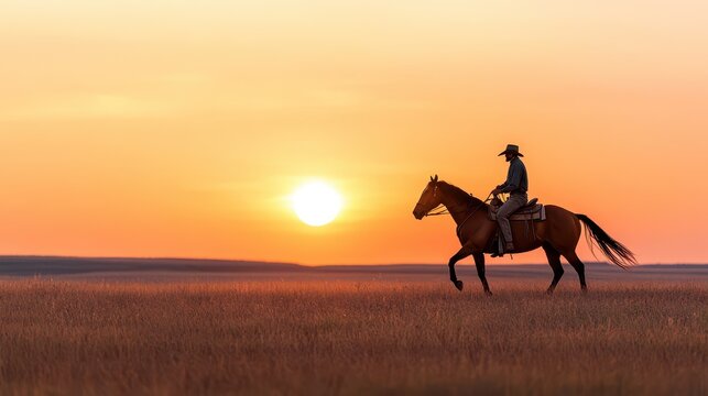 A cowboy riding a horse against a stunning sunset, capturing the essence of freedom and adventure in the great outdoors.