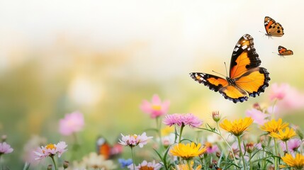 A vibrant butterfly flutters above colorful flowers in a serene garden, capturing the essence of nature's beauty.