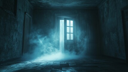 Obraz premium A spooky hallway with an open door and fog.