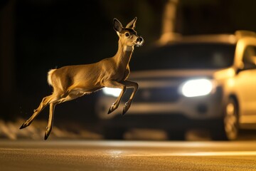 A deer jumping across the road in front of an oncoming car at night.