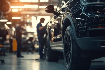 Car mechanics changing tire at auto repair shop garage.	