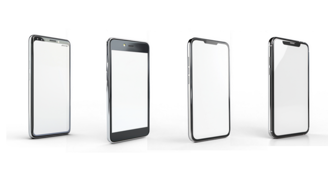 Collection of  3D smartphone model with a blank screen, isolated on white. isolated on transparent background