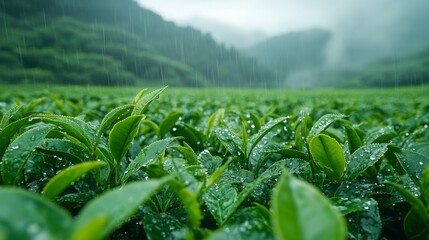 Rainy Day in a Lush Green Tea Plantation Field

