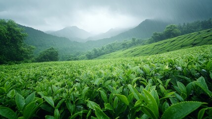 Fototapeta premium Rainy Day in a Lush Green Tea Plantation Field