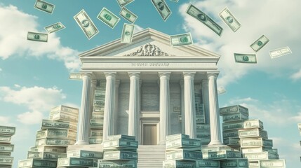 A majestic bank structure stands amid stacks of cash and floating dollar bills, representing abundance and the allure of financial success. The sky is bright and inviting