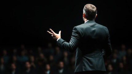 A confident speaker engages an audience in a darkened auditorium, emphasizing key points with expressive gestures.