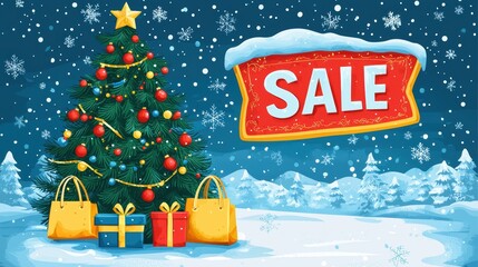 Holiday sale promotion winter wonderland graphic design snowy environment cheerful viewpoint seasonal shopping