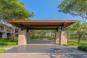 Elegant entrance structure surrounded by lush greenery and a clear blue sky in a serene outdoor setting