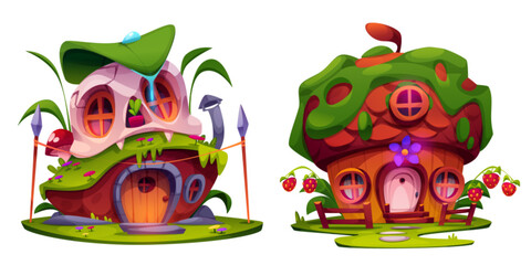 Fairytale gnome houses set isolated on white background. Vector cartoon illustration of fantasy dwarf hut with round windows and doors, forest cottage, acorn, grass, mushroom and flower decoration © klyaksun