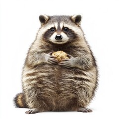 Naklejka premium Chubby Raccoon Sitting Back with Imaginary Food Fluffy Tail and Mischievous Eyes on White Background