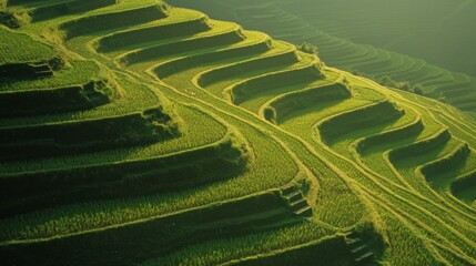 Fototapeta premium Serene Sunrise: Breathtaking Rural China Terraced Fields Landscape with Misty Mountains and Diligent Farmers Working in Tranquil Setting
