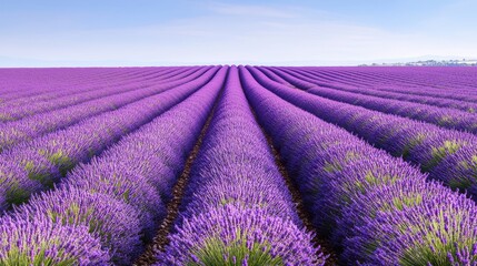 A stunning lavender field with vibrant purple rows extending towards the horizon under a clear blue sky.