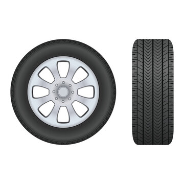 Car tire front and side view with mag wheel