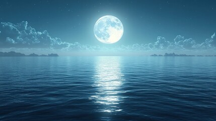 Serene moonlit ocean scene with clouds reflecting on water.