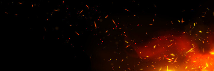 Fire sparks and flame on black background. Vector realistic illustration of hot orange sparkles and smoke rising above bonfire at night, burning fireplace or grill, wildfire danger, heat energy © klyaksun
