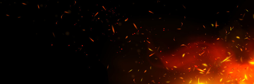 Fire sparks and flame on black background. Vector realistic illustration of hot orange sparkles and smoke rising above bonfire at night, burning fireplace or grill, wildfire danger, heat energy