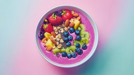 A vibrant smoothie bowl with a colorful array of fruits, nuts, and seeds, styled artistically for a healthy breakfast or snack.
