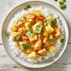 A savory chicken curry is beautifully served with chunks of pineapple atop a bed of fluffy rice, garnished with fresh cilantro for a tropical twist on a classic dish.