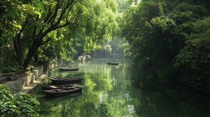 Fototapeta premium Serene Rural China Landscape with Winding River and Wooden Boats under Lush Trees - Ultra-Detailed Tranquility and Tradition