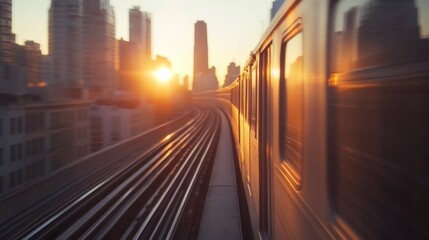 Obraz premium A train glides smoothly along elevated tracks against a vibrant city skyline during dusk, with the sun setting on the horizon, casting warm golden light