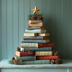 A whimsical Christmas tree made of colorful books on a mint green surface, ideal for winter-themed designs, holiday promotions, or cozy reading events.