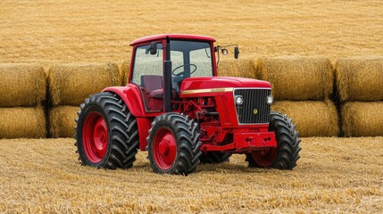 Obraz premium A vibrant red tractor parked in a golden field, surrounded by bales of hay, showcasing agricultural machinery in rural settings.