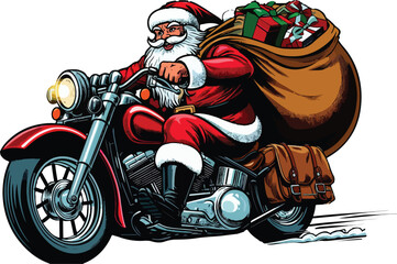 Santa riding a Harley with a sack of gifts behind him