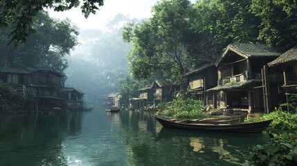 Obraz premium Serene Lakeside Village in Rural China - Tranquil Scene of Traditional Wooden Homes, Fishing Boats, and Lush Forests | Ultra-Detailed Photo